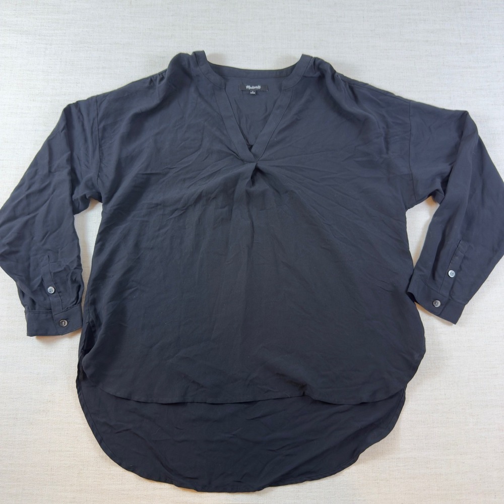 Madewell Black Courier Button Back Long Sleeve V-Neck Blouse Small CKP452185375